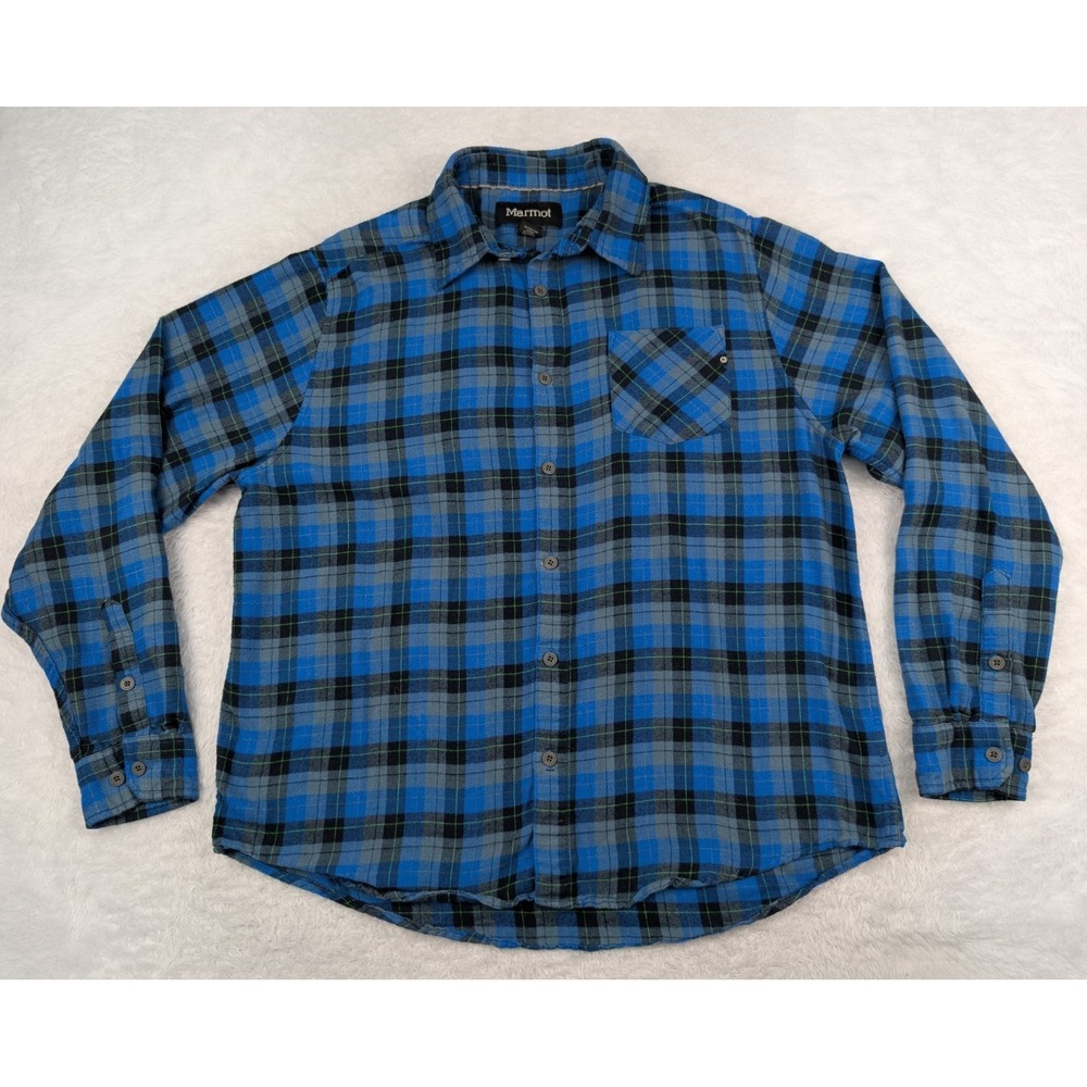Marmot Plaid Flannel Shirt Mens XL Blue Long Sleeve Button Up Front Pocket